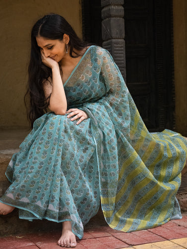 Bagru Hand Block Printed Kota Doria Saree -Turquoise Flora
