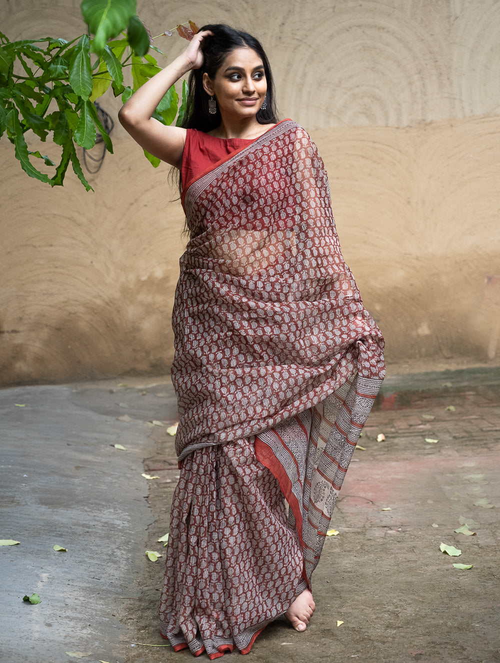 Bagru Hand Block Printed Kota Doria Saree - Deep Red Paisley