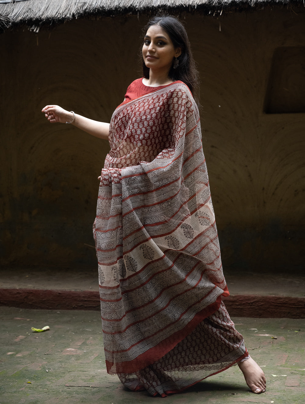 Bagru Hand Block Printed Kota Doria Saree - Deep Red Paisley