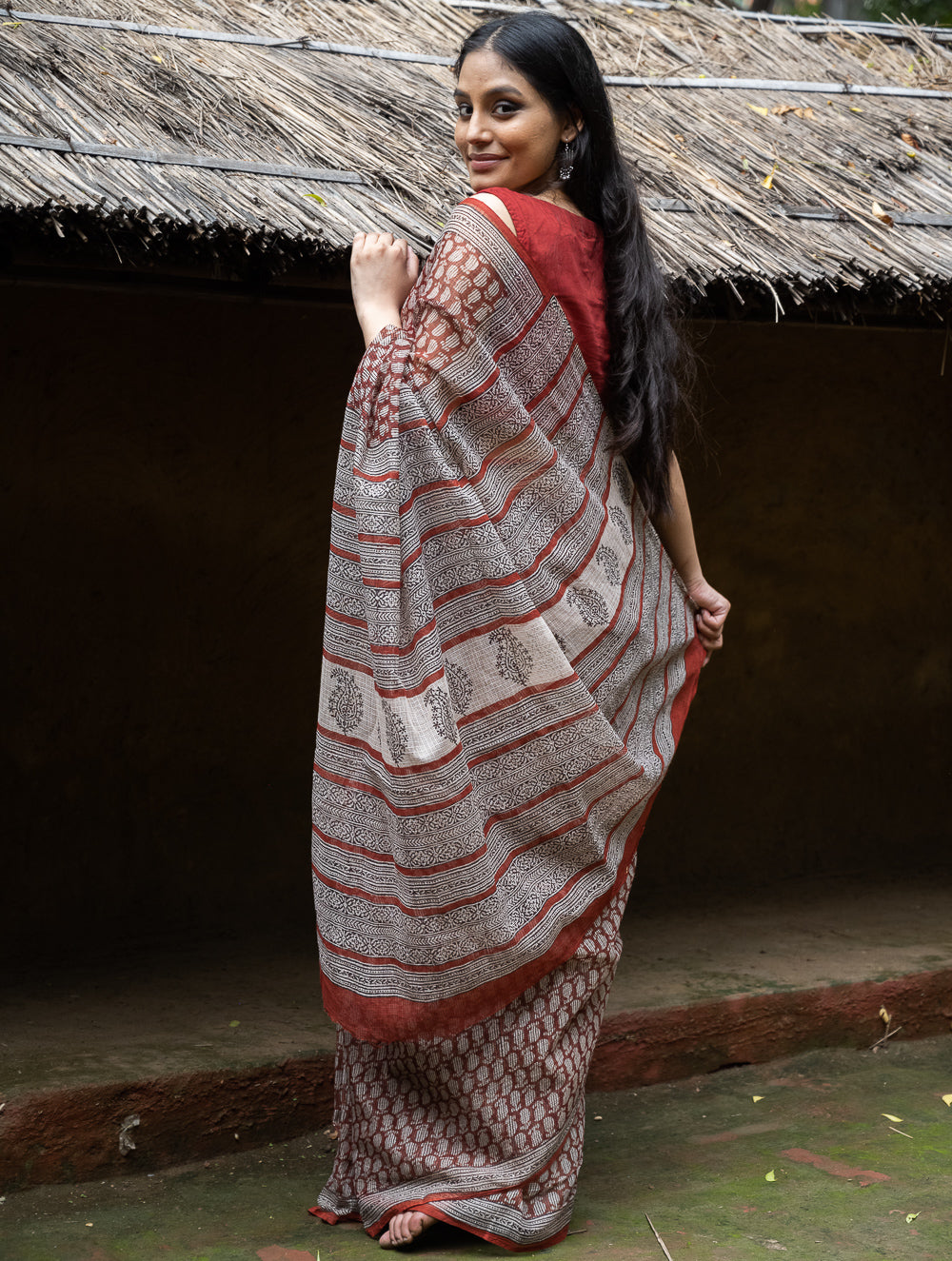 Bagru Hand Block Printed Kota Doria Saree - Deep Red Paisley