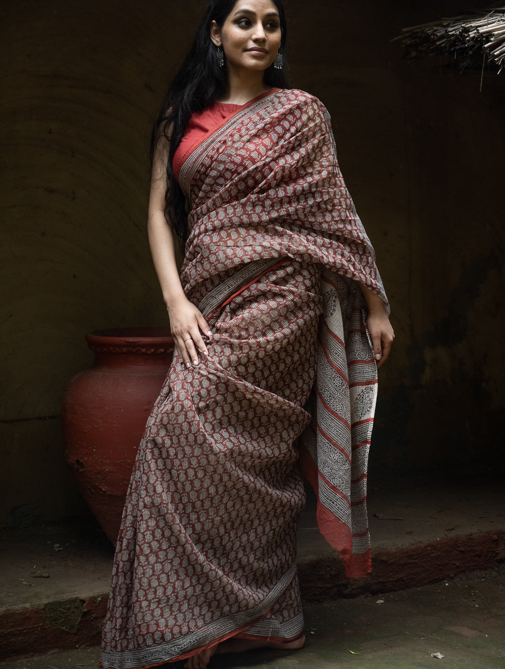 Bagru Hand Block Printed Kota Doria Saree - Deep Red Paisley