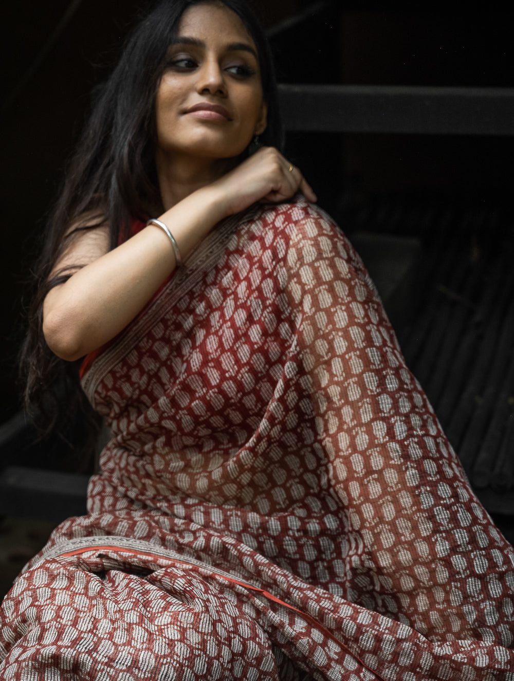 Bagru Hand Block Printed Kota Doria Saree - Deep Red Paisley