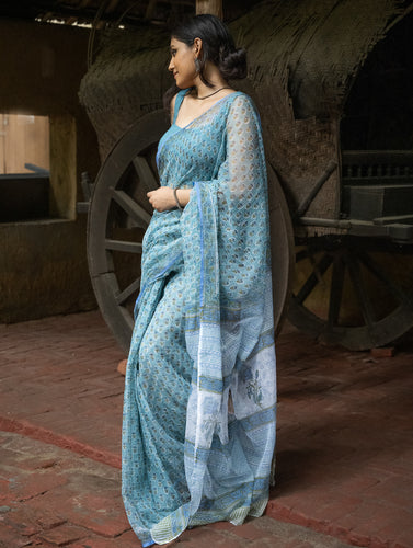 Bagru Hand Block Printed Kota Doria Saree - Turquoise Florets