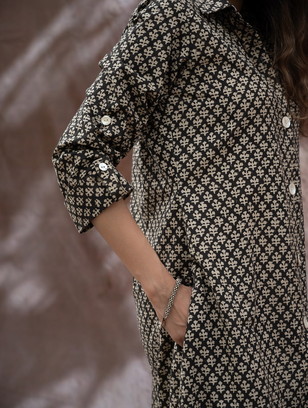 Load image into Gallery viewer, Bagru Hand Block Printed Shirt Dress - Black Florets