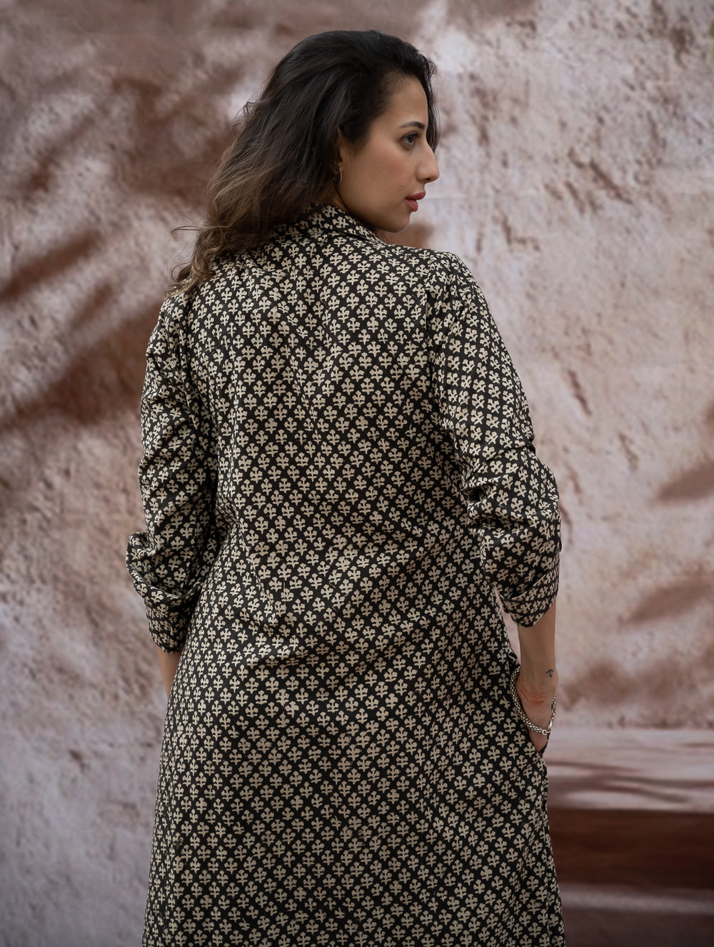 Load image into Gallery viewer, Bagru Hand Block Printed Shirt Dress - Black Florets