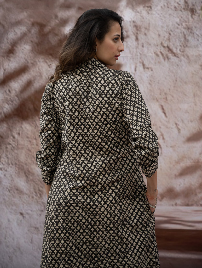 Bagru Hand Block Printed Shirt Dress - Black Florets