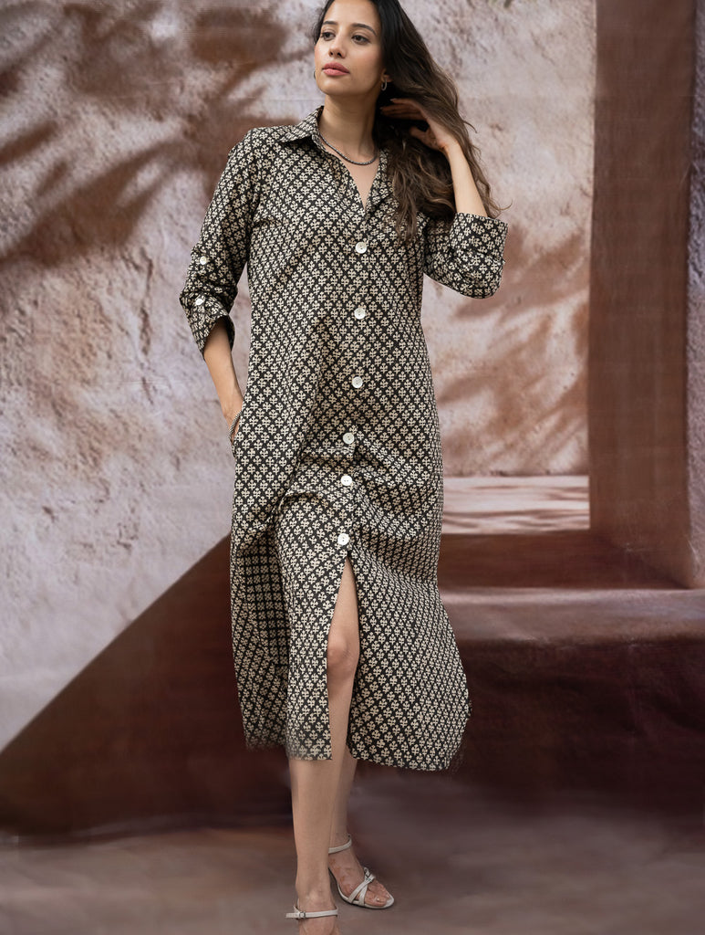 Bagru Hand Block Printed Shirt Dress - Black Florets
