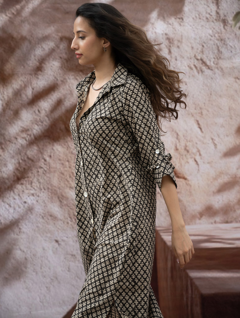 Bagru Hand Block Printed Shirt Dress - Black Florets