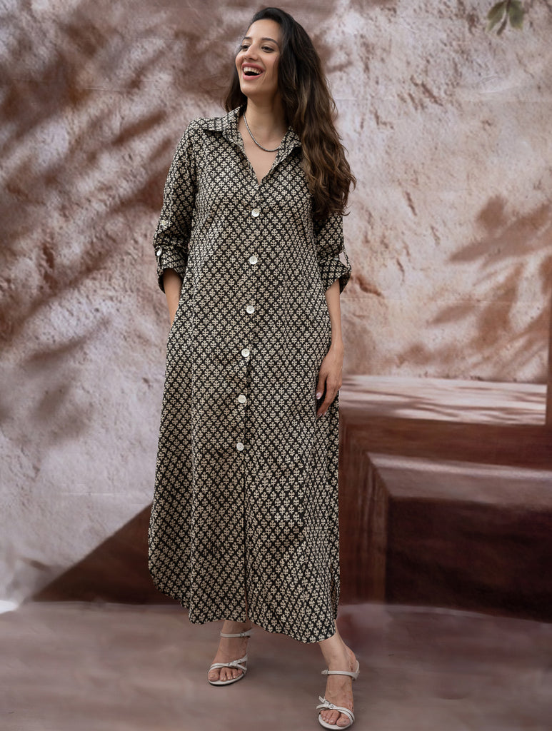 Bagru Hand Block Printed Shirt Dress - Black Florets