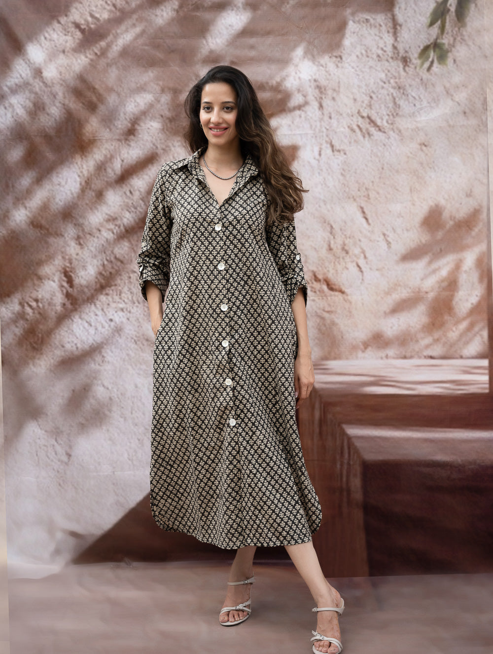 Load image into Gallery viewer, Bagru Hand Block Printed Shirt Dress - Black Florets