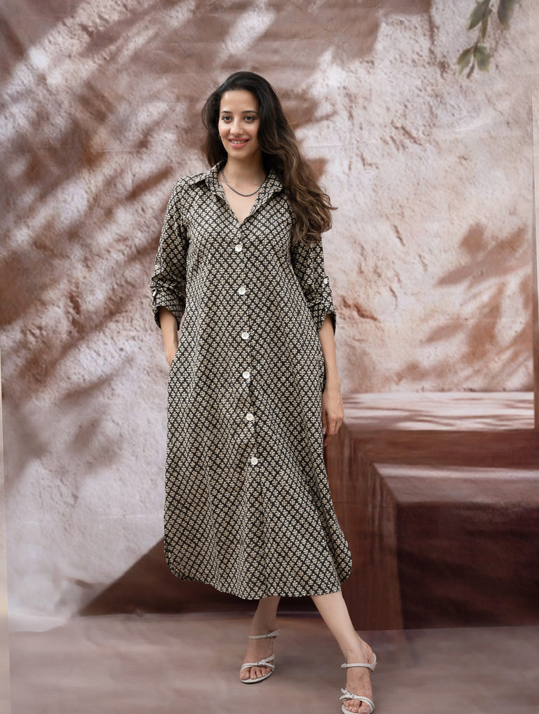 Bagru Hand Block Printed Shirt Dress - Black Florets