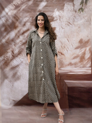 Bagru Hand Block Printed Shirt Dress - Black Florets