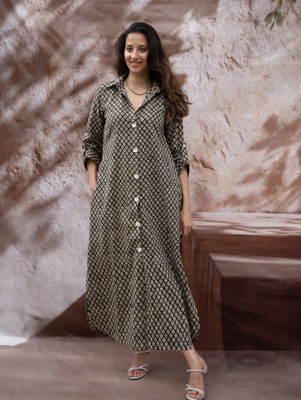 Load image into Gallery viewer, Bagru Hand Block Printed Shirt Dress - Black Florets