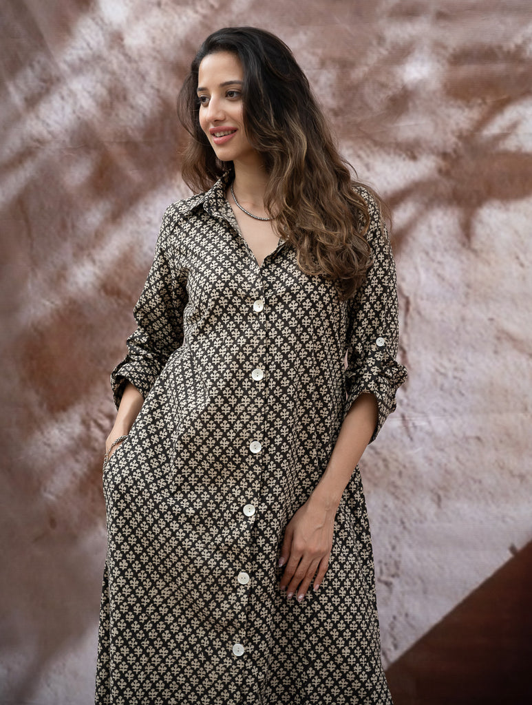 Bagru Hand Block Printed Shirt Dress - Black Florets