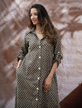 Load image into Gallery viewer, Bagru Hand Block Printed Shirt Dress - Black Florets