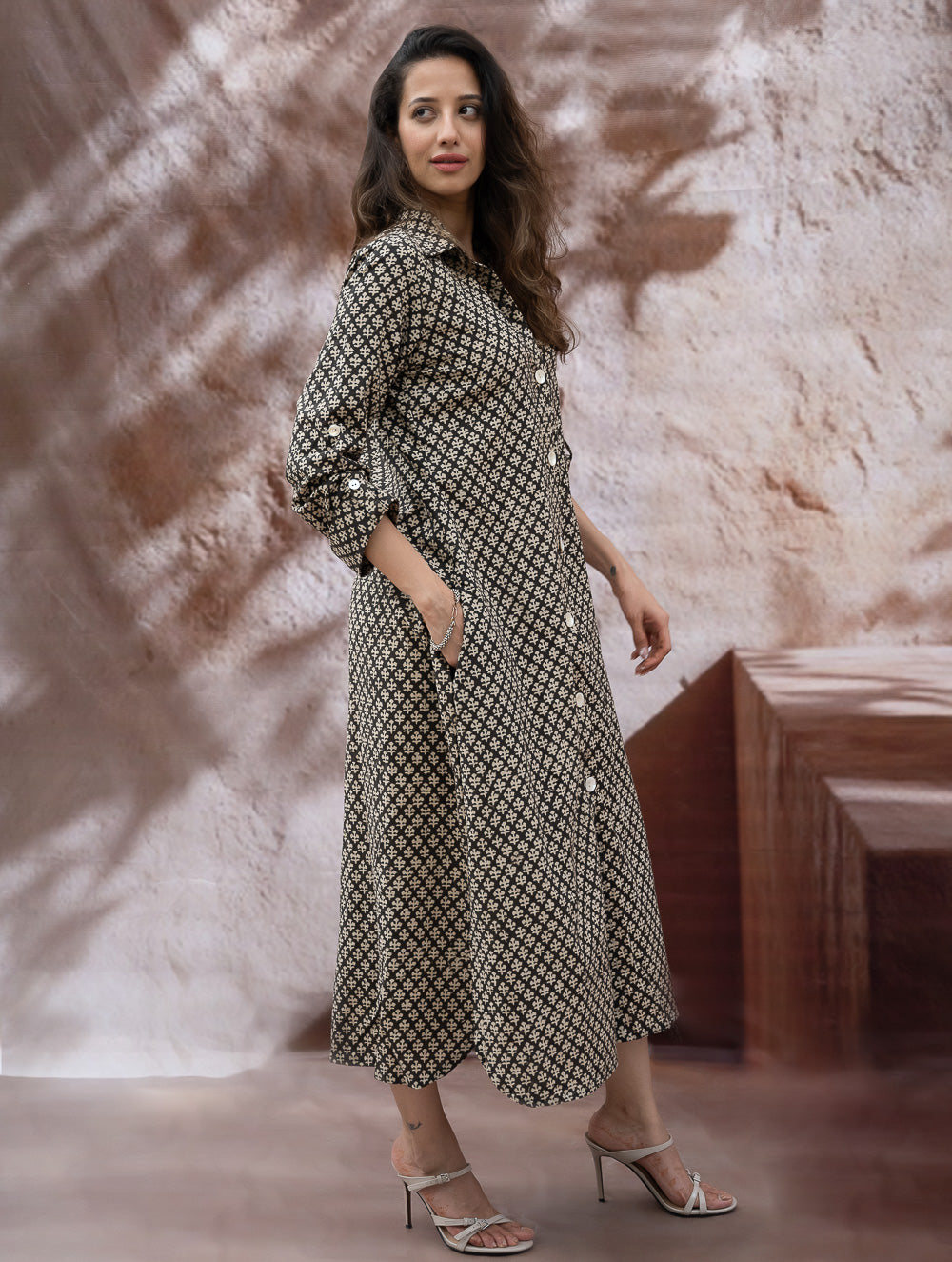 Load image into Gallery viewer, Bagru Hand Block Printed Shirt Dress - Black Florets