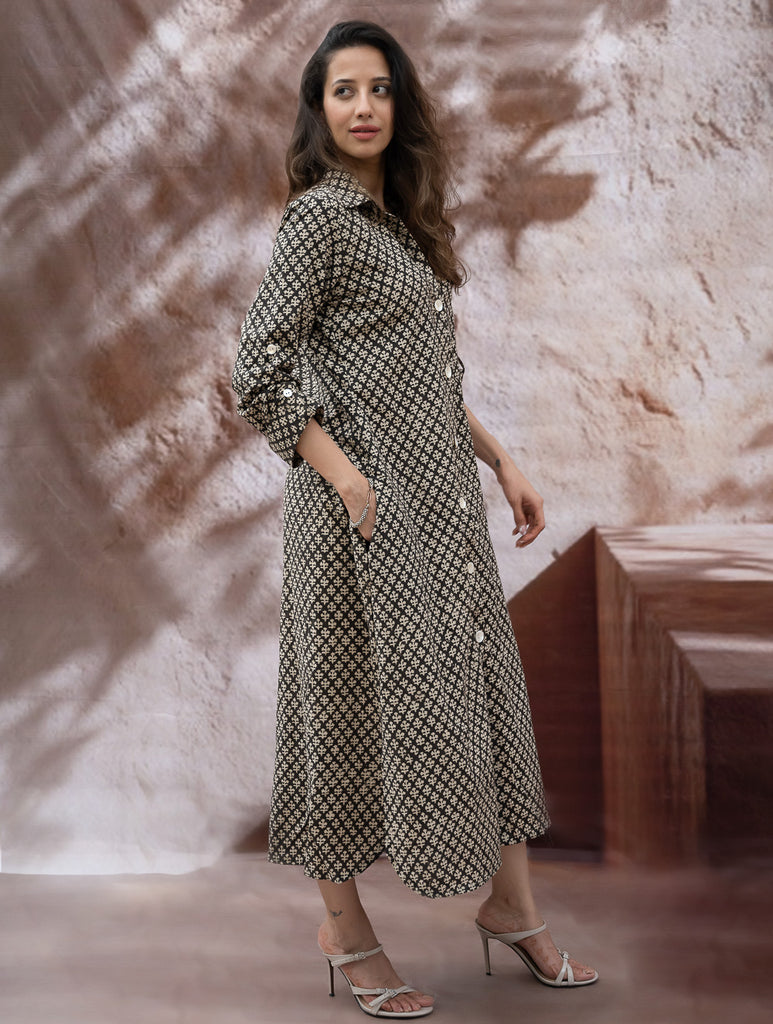 Bagru Hand Block Printed Shirt Dress - Black Florets