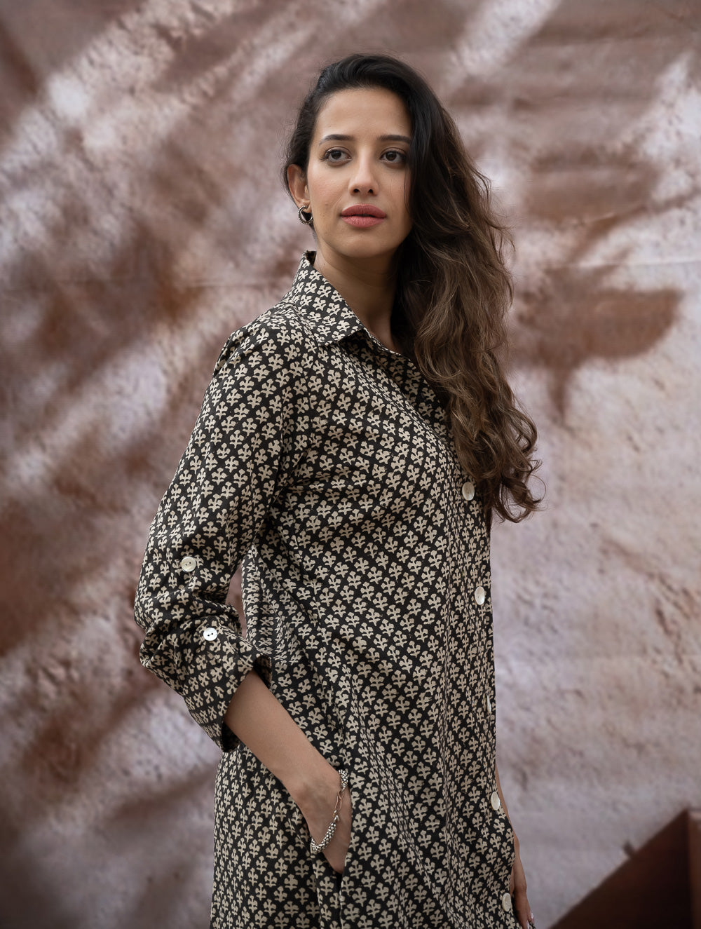 Load image into Gallery viewer, Bagru Hand Block Printed Shirt Dress - Black Florets