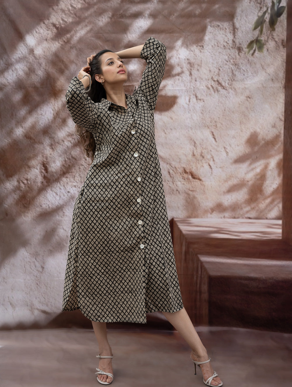 Load image into Gallery viewer, Bagru Hand Block Printed Shirt Dress - Black Florets