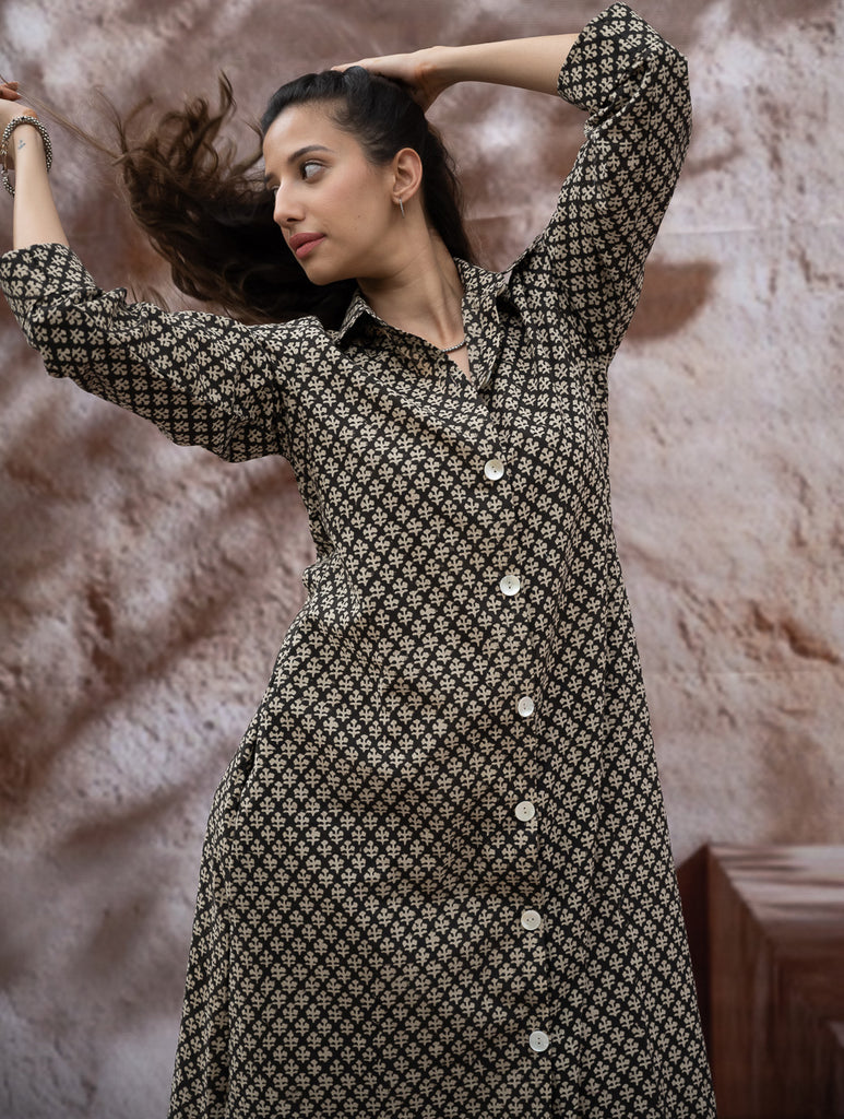 Bagru Hand Block Printed Shirt Dress - Black Florets