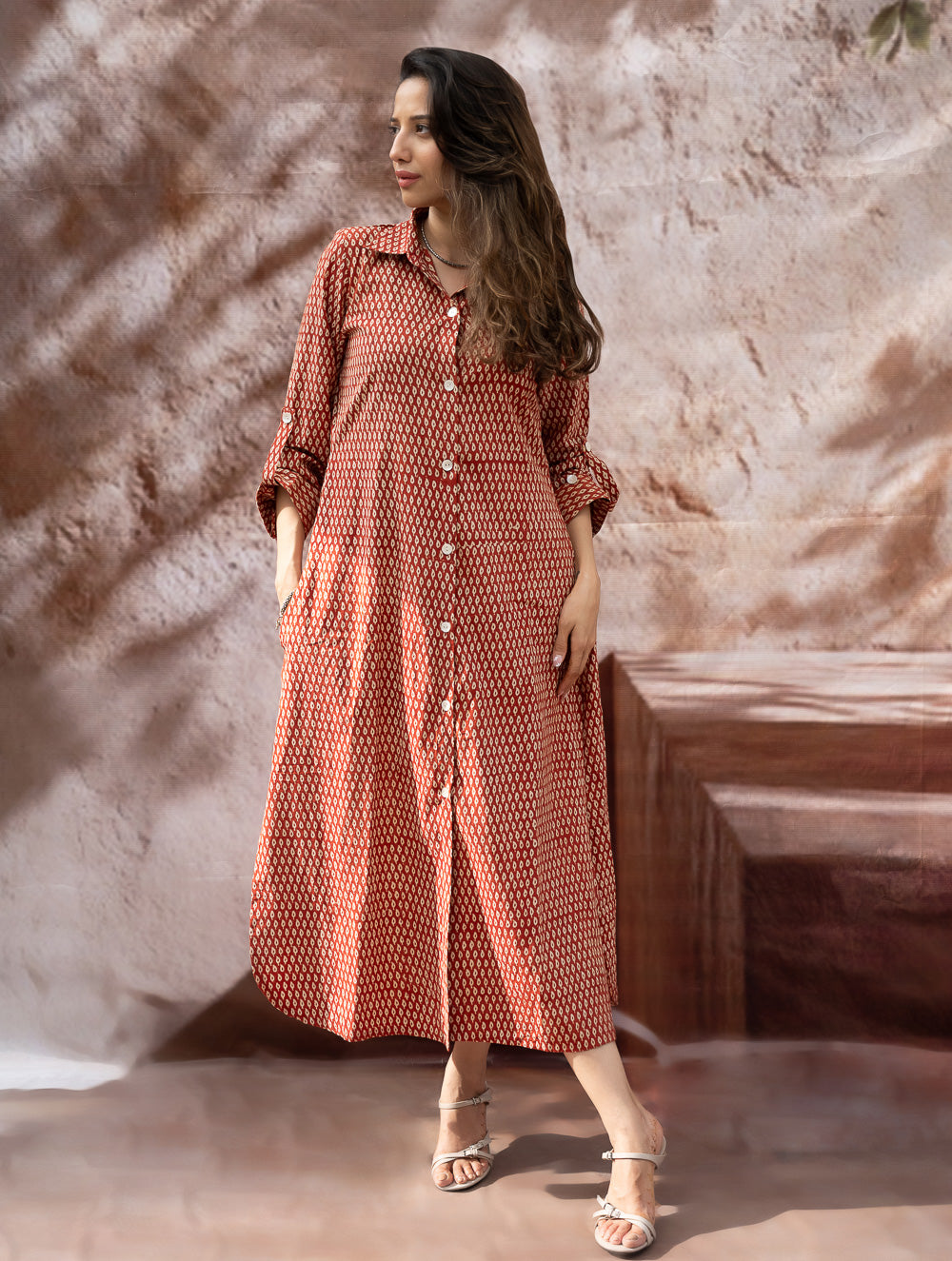 Load image into Gallery viewer, Bagru Hand Block Printed Shirt Dress - Brick Drops
