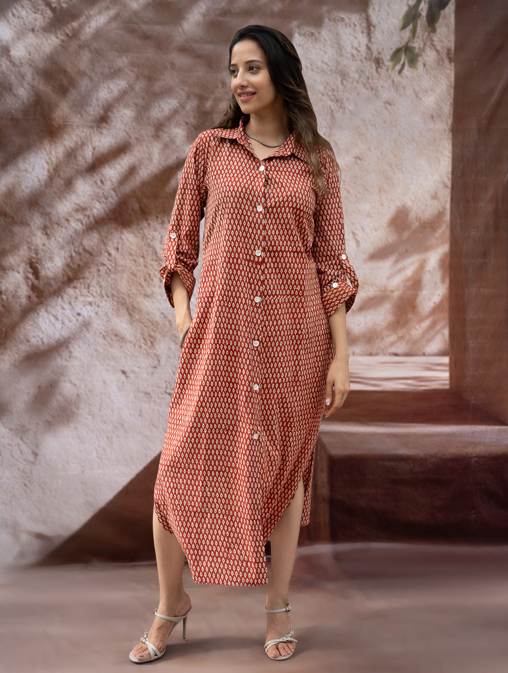 Load image into Gallery viewer, Bagru Hand Block Printed Shirt Dress - Brick Drops