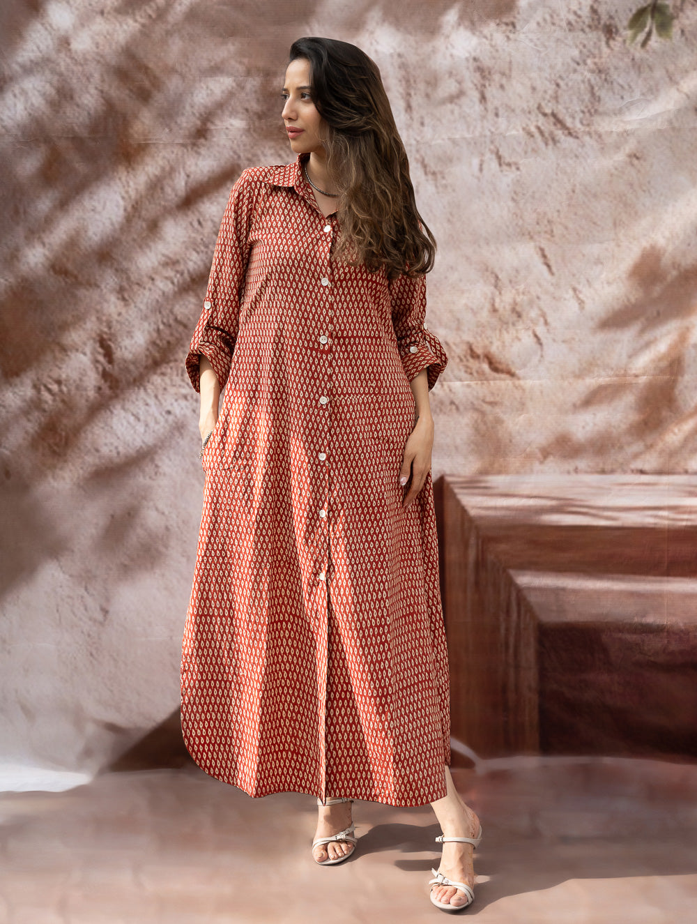 Load image into Gallery viewer, Bagru Hand Block Printed Shirt Dress - Brick Drops