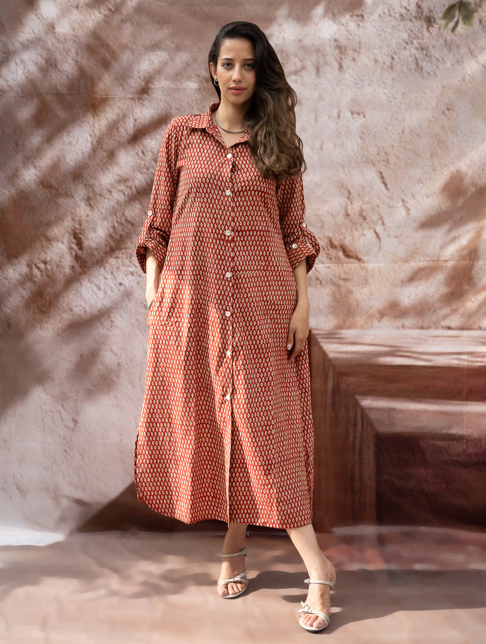 Load image into Gallery viewer, Bagru Hand Block Printed Shirt Dress - Brick Drops
