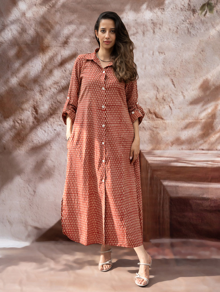 Bagru Hand Block Printed Shirt Dress - Brick Drops