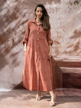 Load image into Gallery viewer, Bagru Hand Block Printed Shirt Dress - Brick Drops