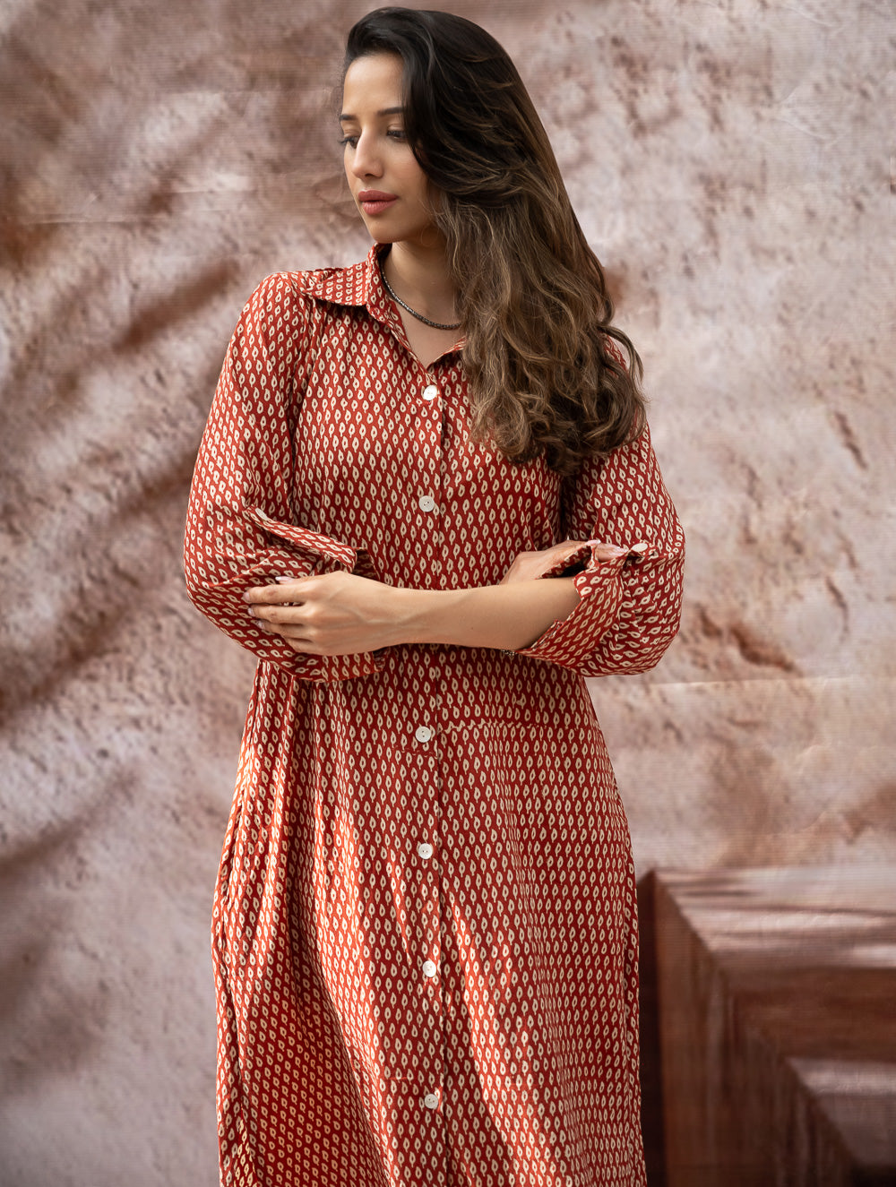 Load image into Gallery viewer, Bagru Hand Block Printed Shirt Dress - Brick Drops