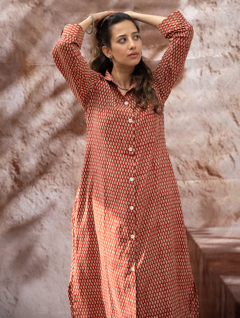 Bagru Hand Block Printed Shirt Dress - Brick Drops
