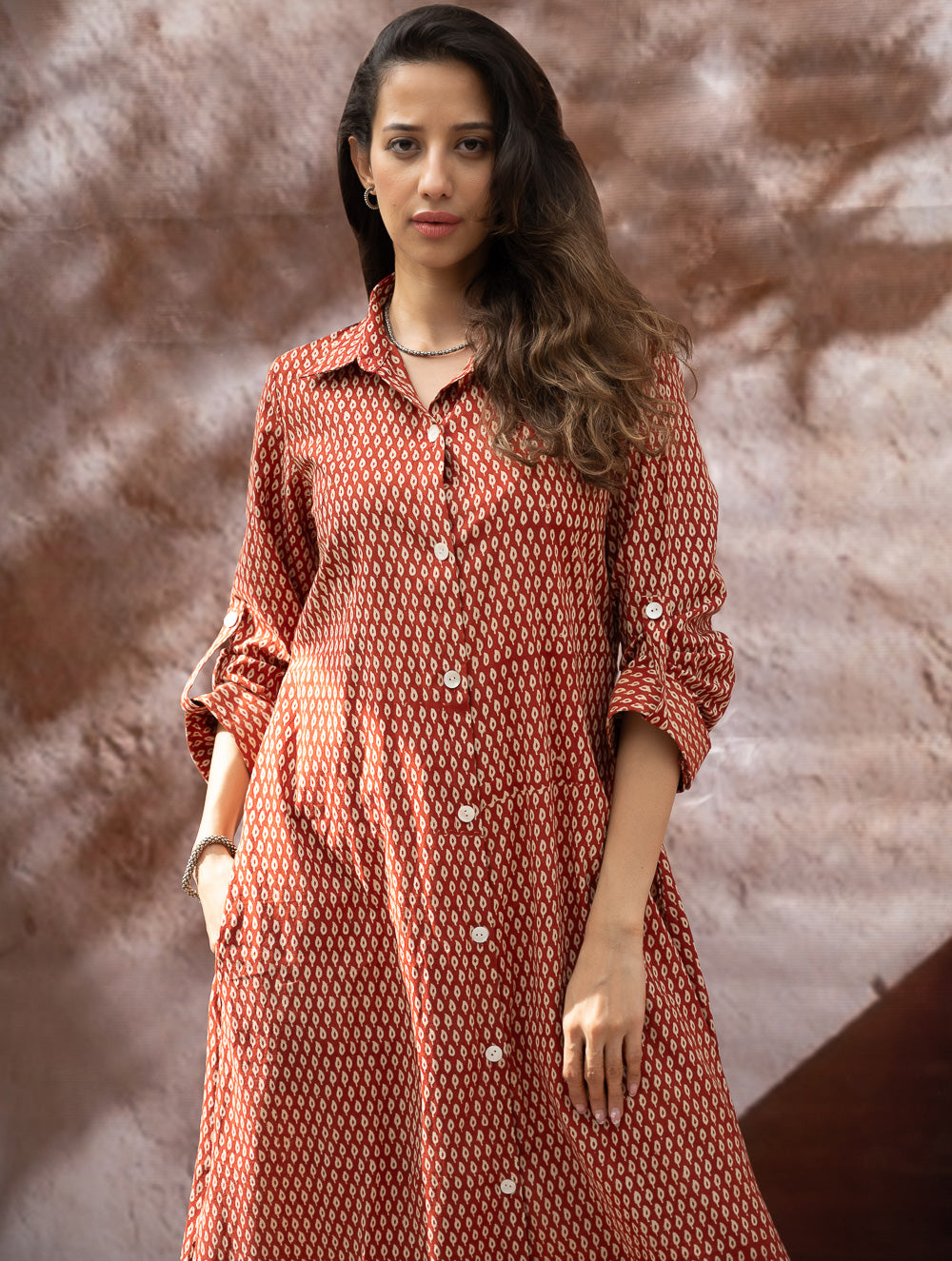 Load image into Gallery viewer, Bagru Hand Block Printed Shirt Dress - Brick Drops