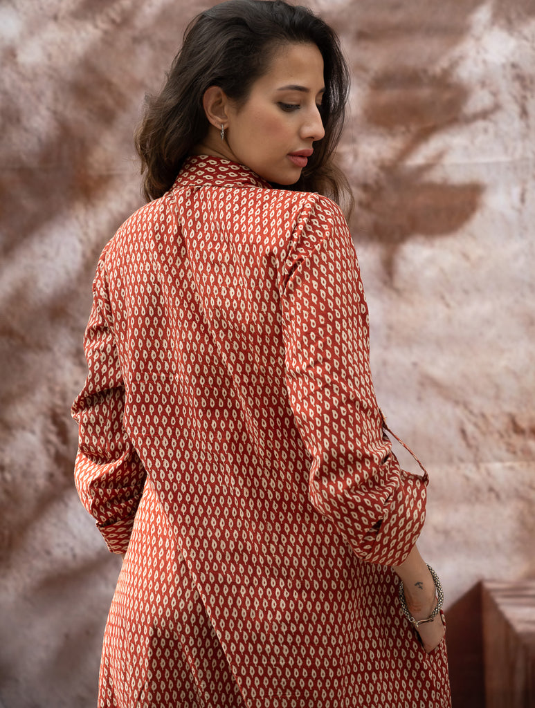 Bagru Hand Block Printed Shirt Dress - Brick Drops