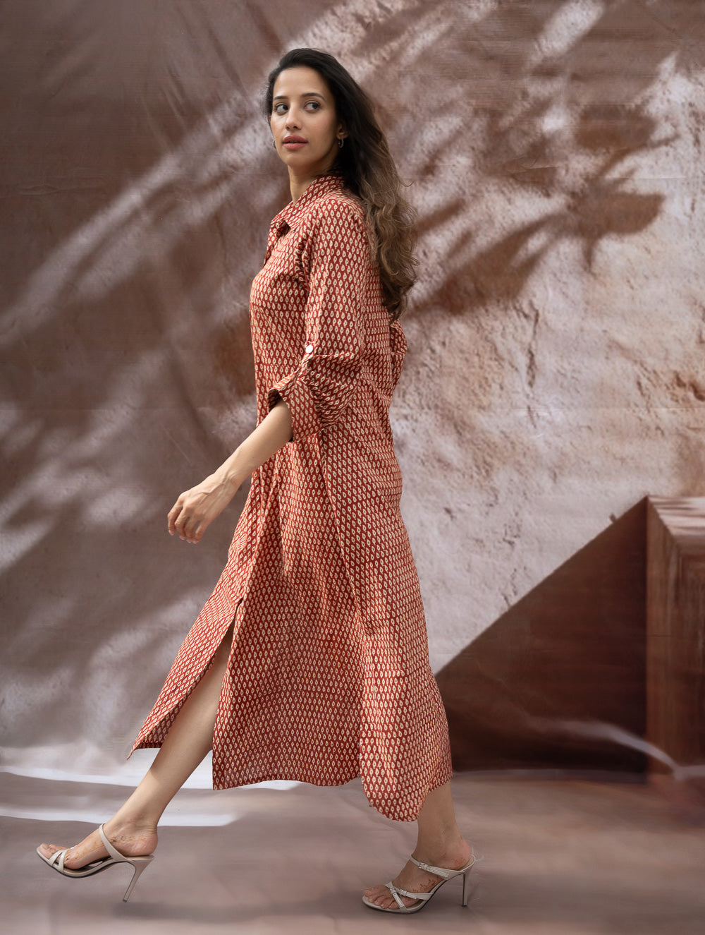 Load image into Gallery viewer, Bagru Hand Block Printed Shirt Dress - Brick Drops