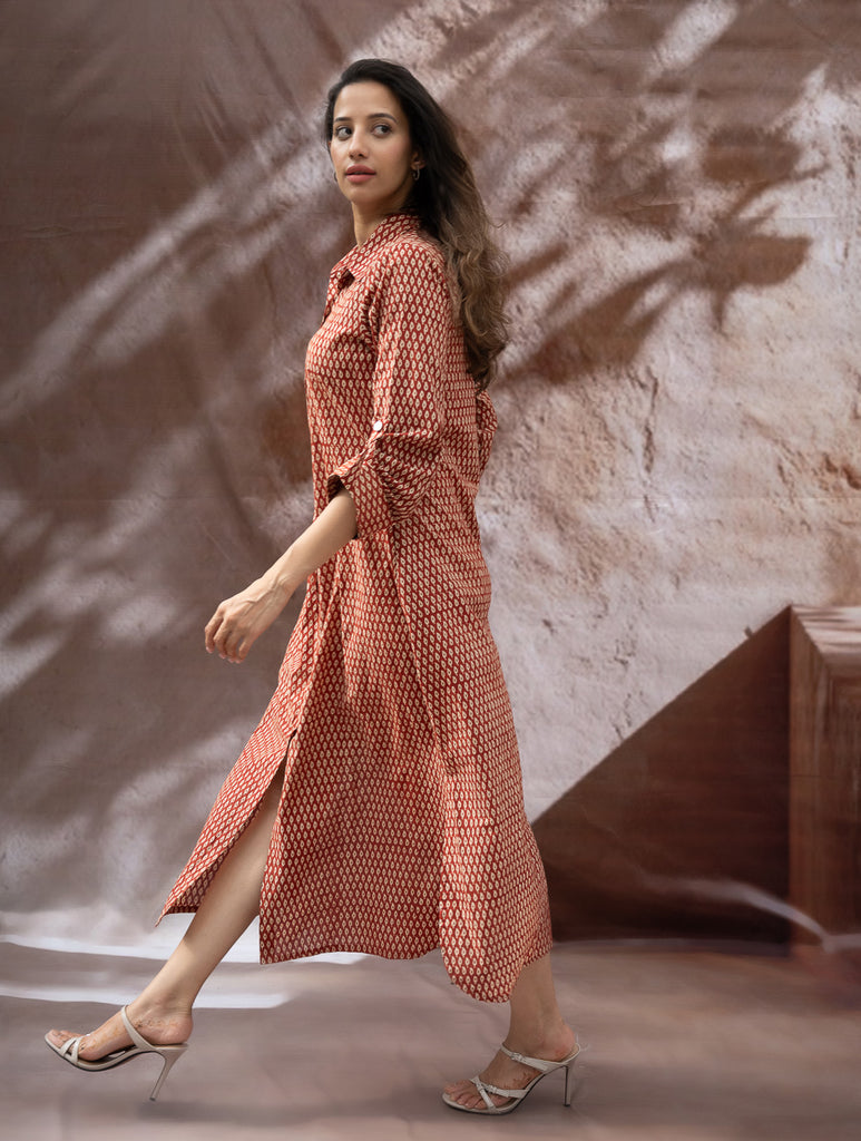 Bagru Hand Block Printed Shirt Dress - Brick Drops