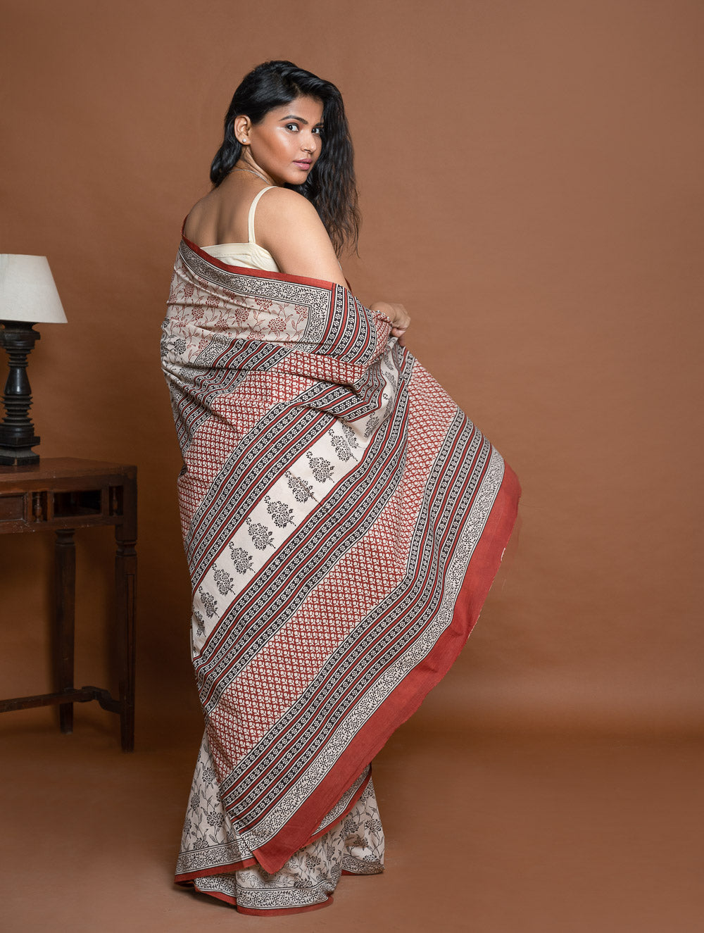 Bagru Statements. Hand Block Printed Mul Cotton Saree - Beige Flora