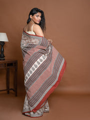 Bagru Statements. Hand Block Printed Mul Cotton Saree - Beige Flora