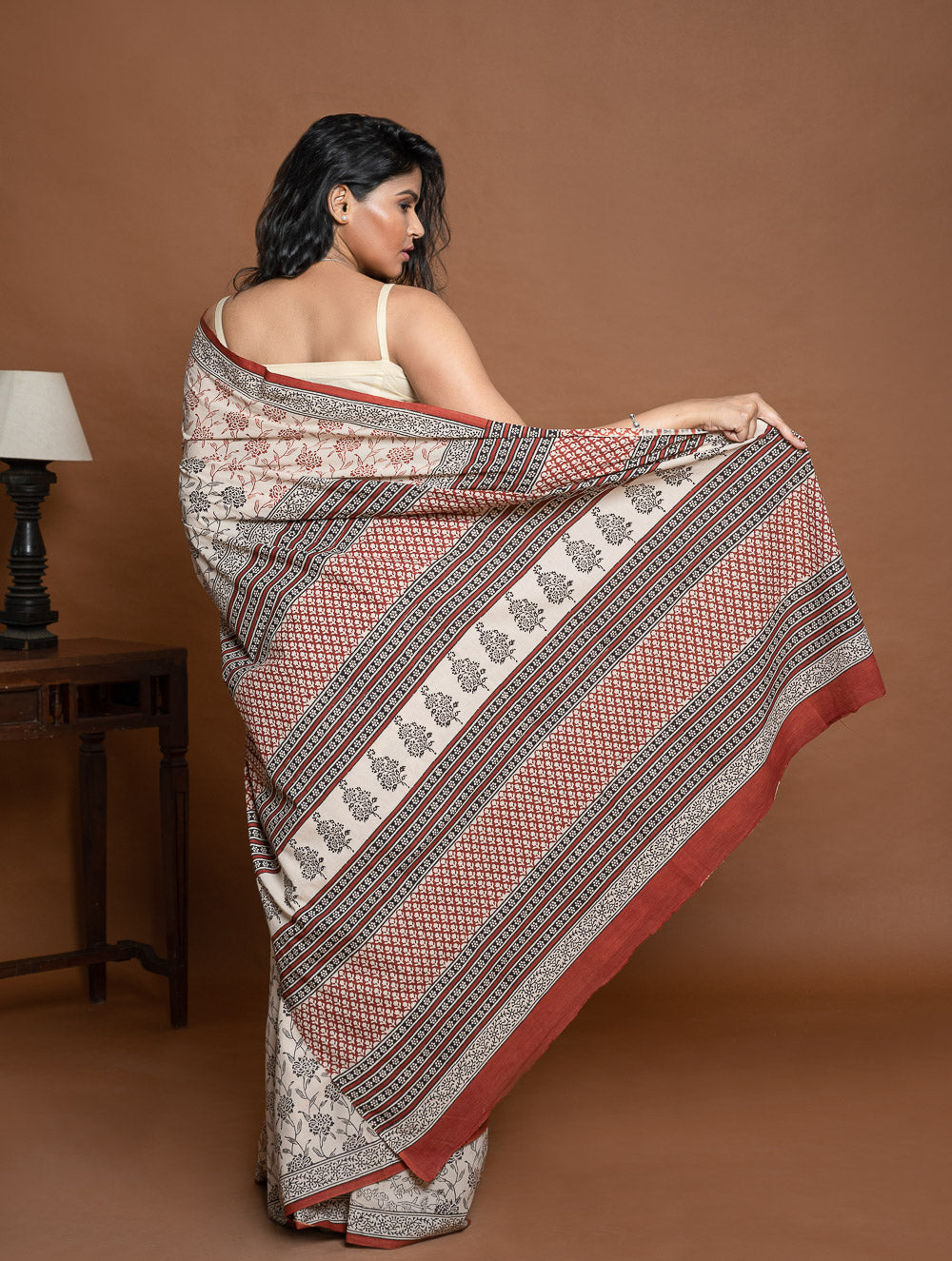 Bagru Statements. Hand Block Printed Mul Cotton Saree - Beige Flora