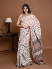 Bagru Statements. Hand Block Printed Mul Cotton Saree - Beige Flora