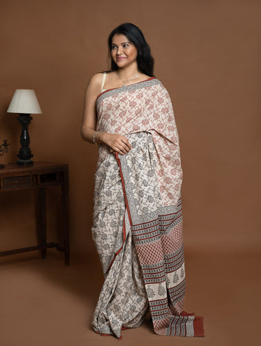 Bagru Statements. Hand Block Printed Mul Cotton Saree - Beige Flora