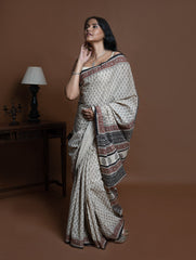 Bagru Statements. Hand Block Printed Mul Cotton Saree - Beige Florets