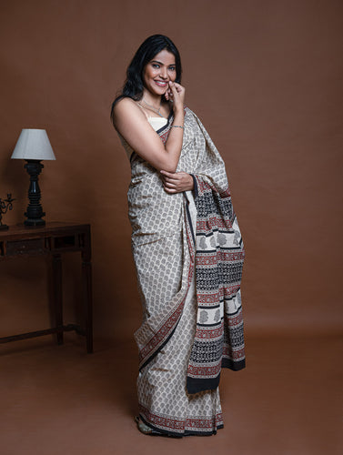 Bagru Statements. Hand Block Printed Mul Cotton Saree - Beige Florets