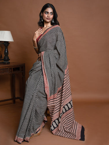 Bagru Statements. Hand Block Printed Mul Cotton Saree - Black Buds