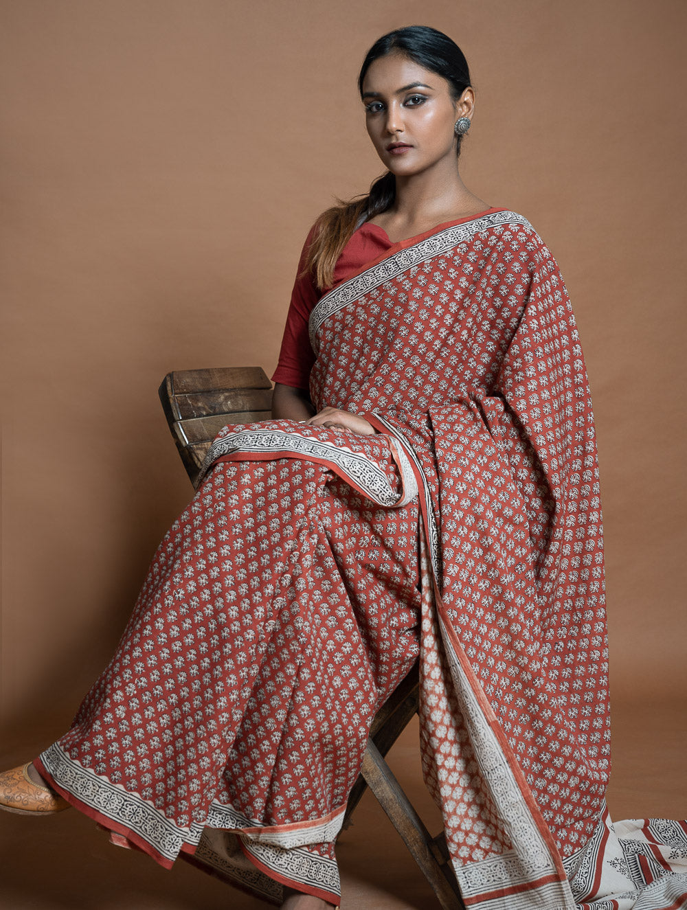 Bagru Statements. Hand Block Printed Mul Cotton Saree - Brick Flora