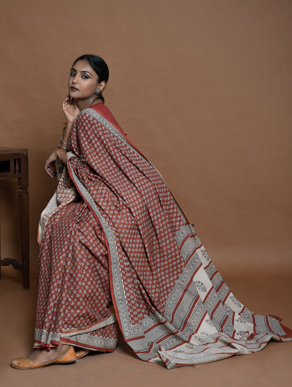 Bagru Statements. Hand Block Printed Mul Cotton Saree - Brick Flora