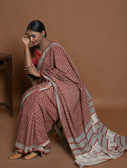 Bagru Statements. Hand Block Printed Mul Cotton Saree - Brick Flora