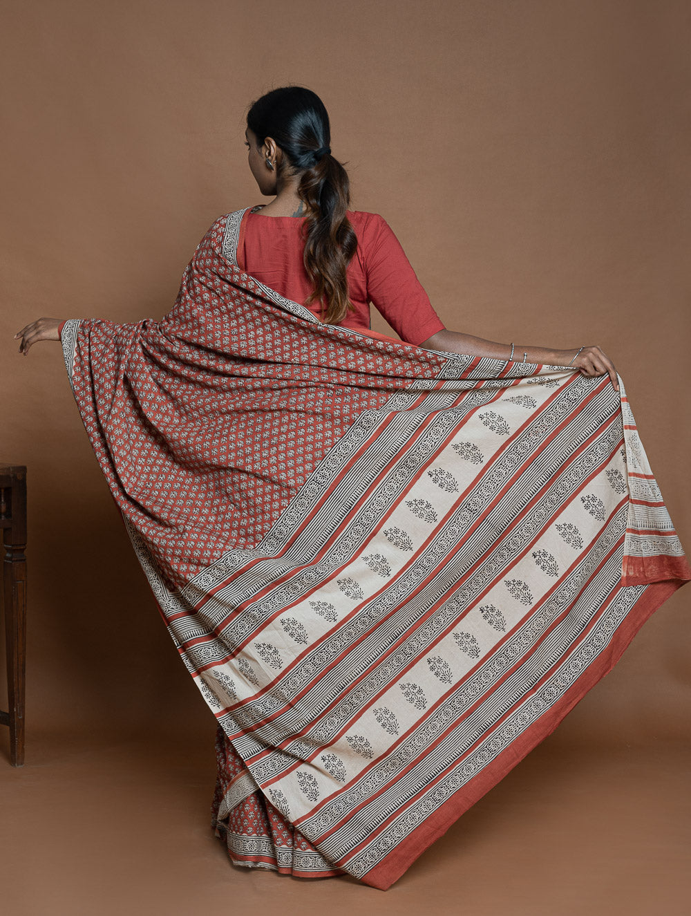 Bagru Statements. Hand Block Printed Mul Cotton Saree - Brick Flora