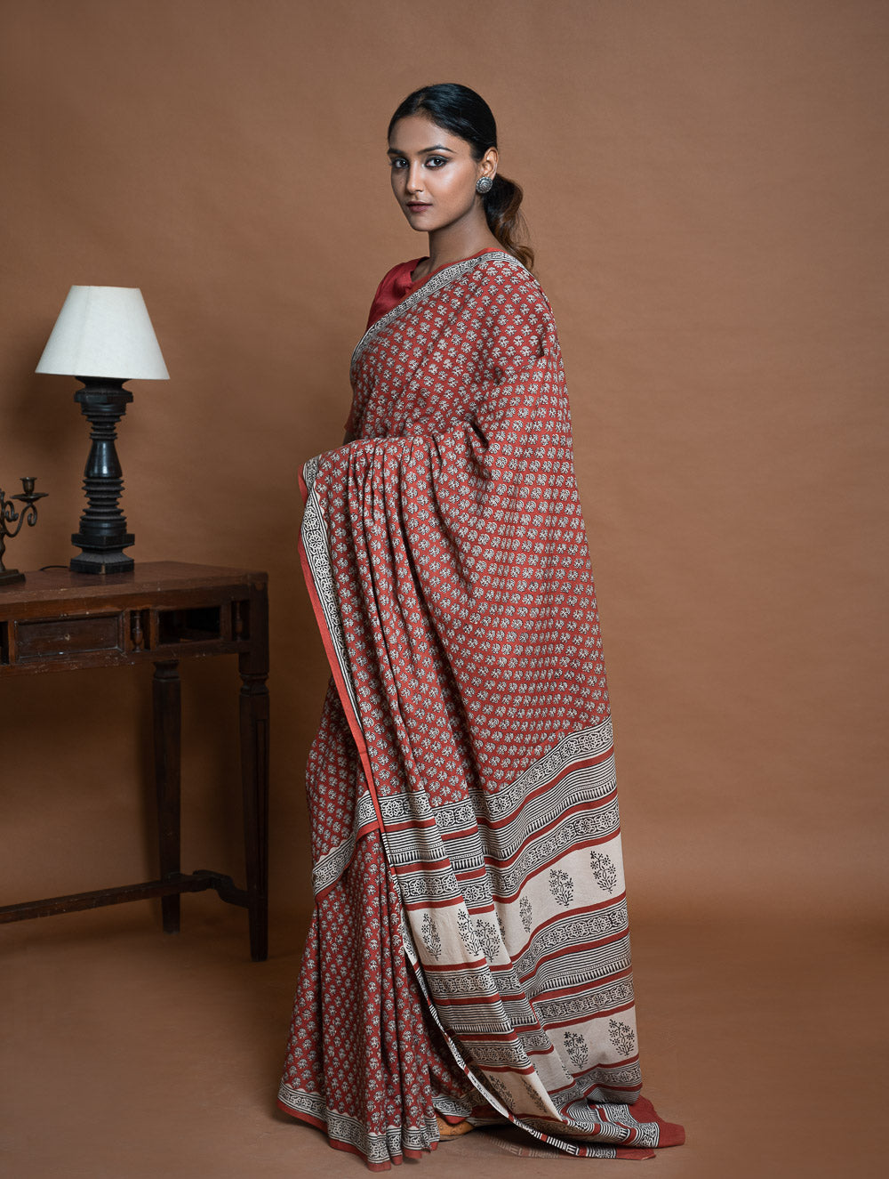 Bagru Statements. Hand Block Printed Mul Cotton Saree - Brick Flora