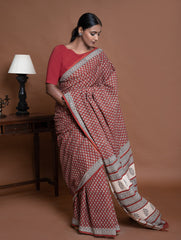 Bagru Statements. Hand Block Printed Mul Cotton Saree - Brick Flora